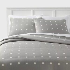 Room Essentials Gray & White Squares Cotton Sateen Twin Duvet & Sham Set NWOT